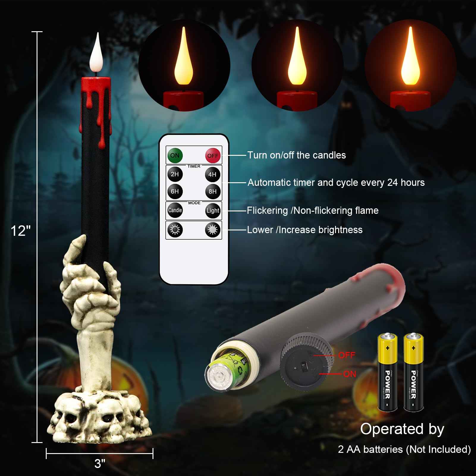 GenSwin Halloween Black Taper Flameless Candles with Ghost Hand Candlesticks and Remote Timer, 2 Pcs Battery Operated Taper Candles with Holder and 3D Flame for Halloween Decor