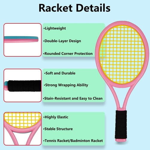 JHuiLap Kids Tennis Racket 17 Inch Lightweight for Junior Toddlers - Includes 2 Tennis Balls, 2 Sponge Balls, 4 Shuttlecocks & Carry Bag (Blue & Pink)