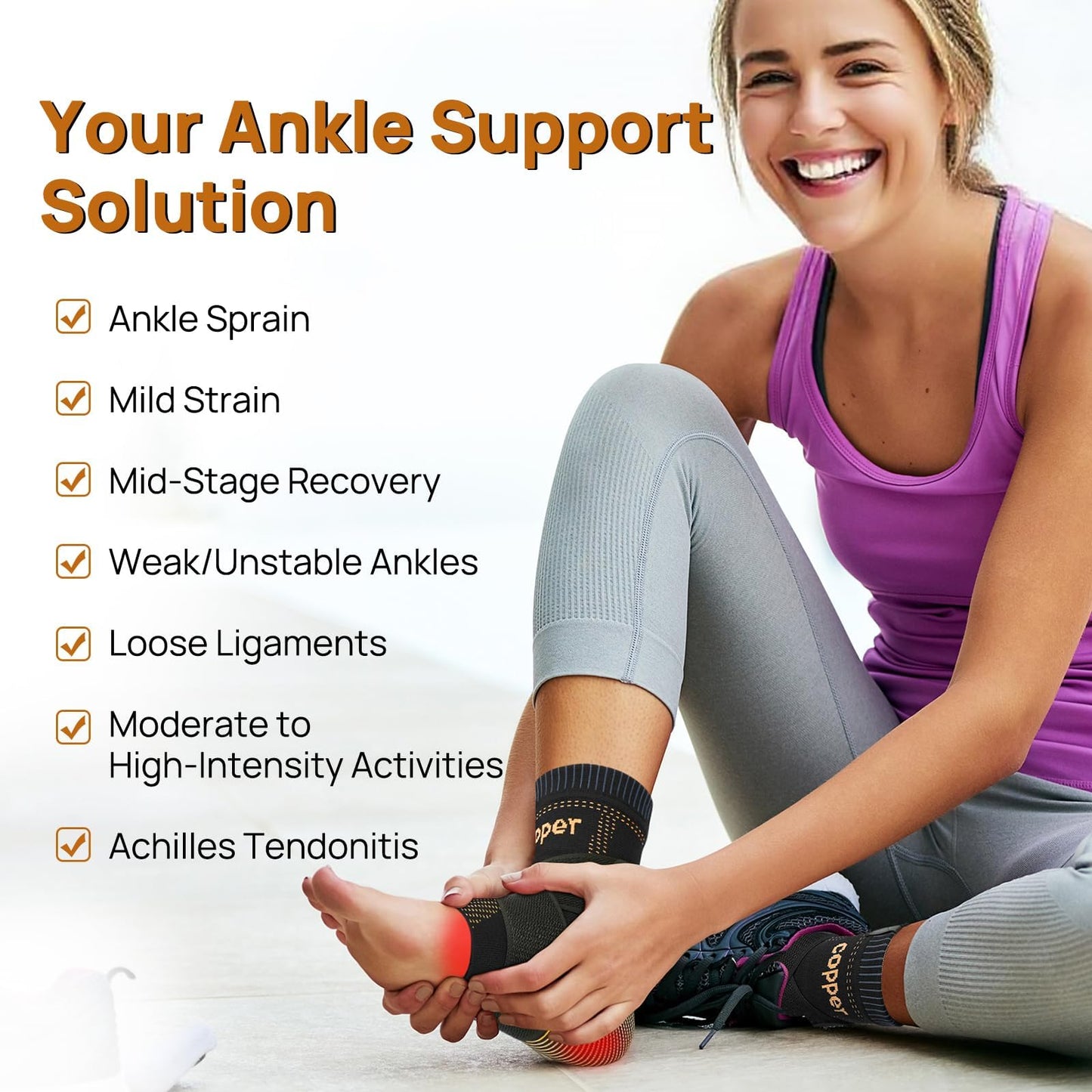 JIUFENTIAN Ultra-Breathable Copper Ankle Braces for Men and Women- Adjustable Compression Ankle Brace for Sprain Recovery, Plantar Fasciitis & Daily Pain Relief | Durable, Fits Any Shoe (Large)