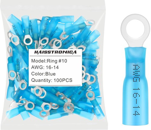 Haisstronica 100pcs Blue Marine Grade Heat Shrink Ring Connectors - 16-14 Gauge Tinned Red Copper Terminals
