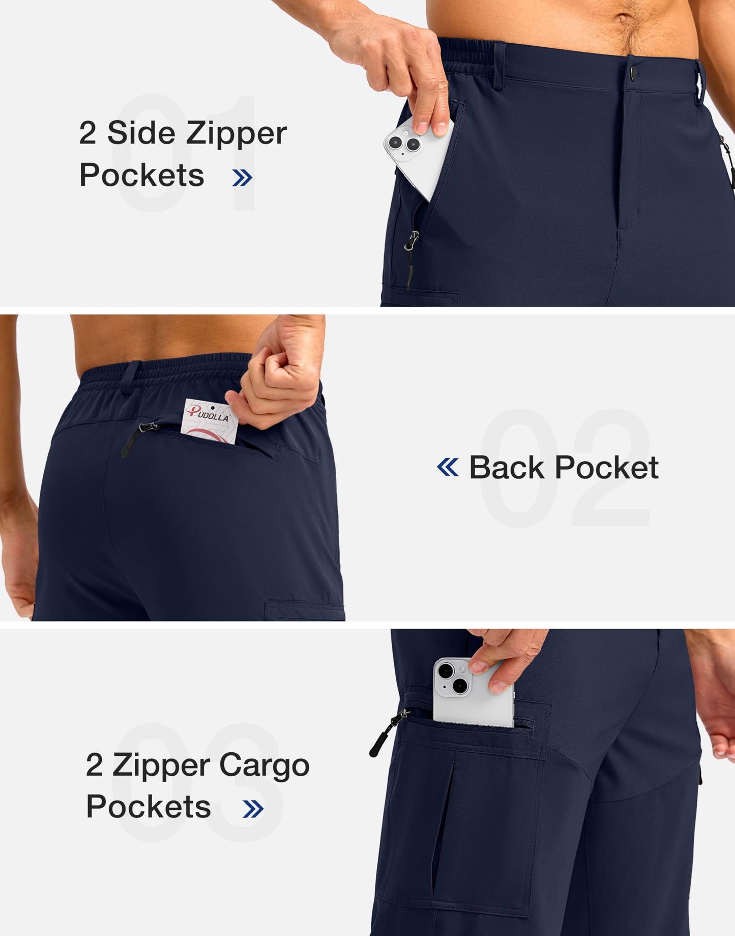 Pudolla Men's Hiking Shorts 11" Lightweight Cargo Work Shorts for Men Summer Travel Golf Casual Outdoor with 5 Pockets(Navy Large)