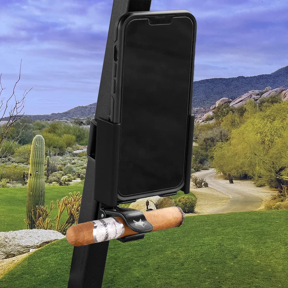 Desert Fox Golf Phone Caddy + Cigar Holder – Adjustable Golf Cart Phone Mount with Secure Cigar Clip – Hands-Free GPS & Golf App Access – Fits All Phones & Cigars (Black)
