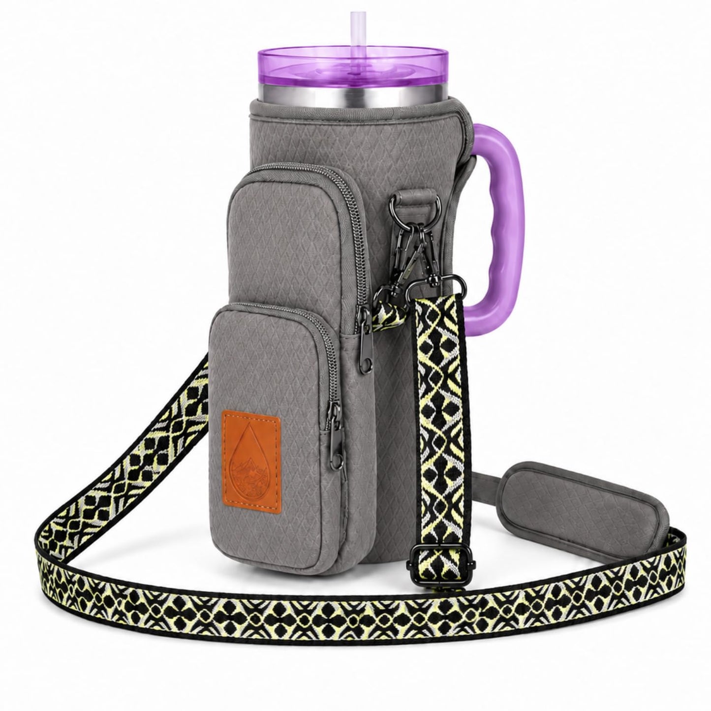 Travola Water Bottle Holder with Strap - RFID Protection for Women - Crossbody Water Bottle Bag for Sports Moms with Adjustable Strap Fits 40 oz - Hands Free Carrier for Hiking and Walking Grey