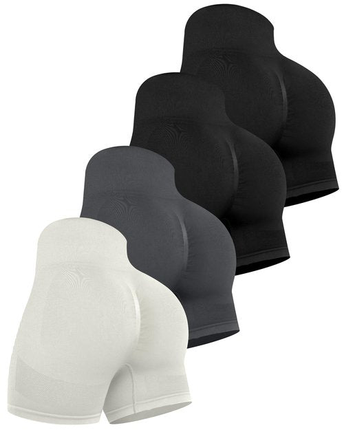 CHRLEISURE Women's 4 Packs Workout Gym Shorts, High Waisted Butt Lifting Scrunch Butt Seamless Booty Shorts(Black,Black,DGray,LGray,M)