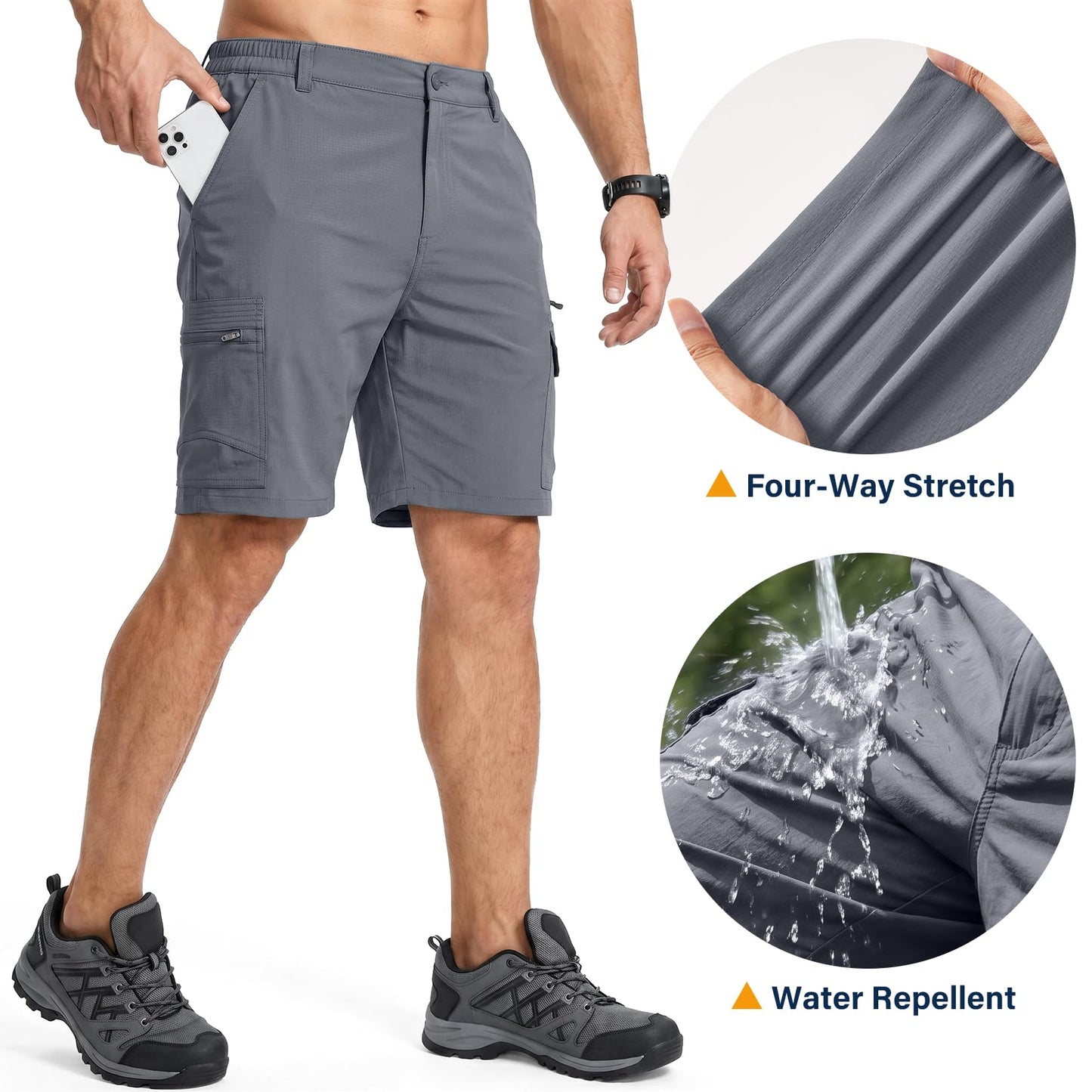Jessie Kidden Mens Outdoor Casual Expandable Waist Lightweight Water Resistant Quick Dry Fishing Hiking Shorts #6222-Grey,30