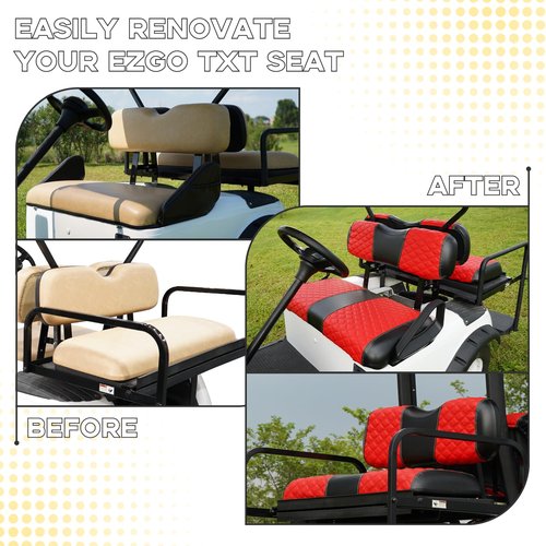 HANGKUNNEE EZGO TXT Seat Covers, EZGO TXT Golf Cart Seat Covers for 1994-2013 OEM Ordinary Seat, Marine Grade Vinyl Leather, Anti-Scratch/Anti-Fading/Easy to Install, Diamond/Red(4PCS/Front & Rear)