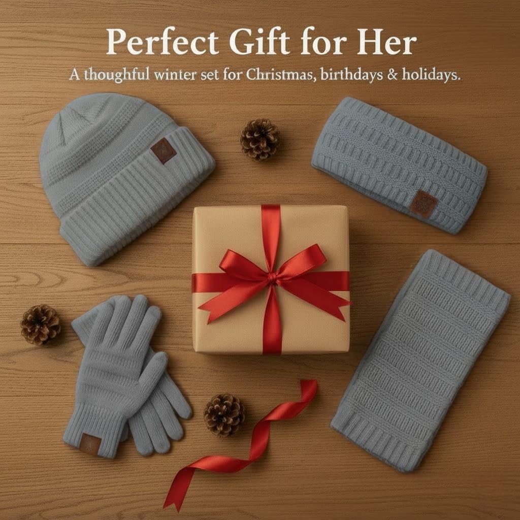 Winter Beanie Hat Scarf Gloves Headband Set – Knit Beanie, Warm Scarf, Touchscreen Gloves & Ear Warmer, Cozy Gift for Women & Men