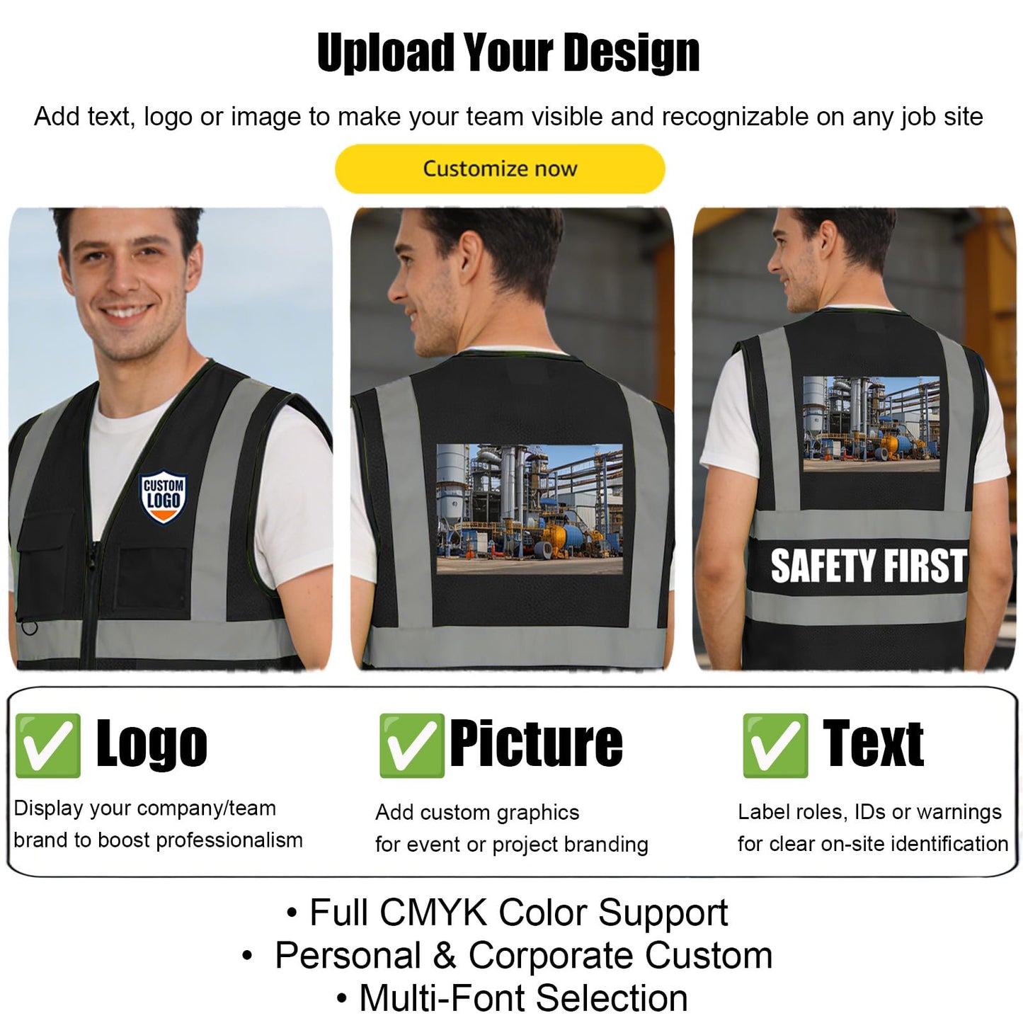 evershare 1 Pack Custom Safety Vest Logo Customize Class 2 High Visibility Safety Vests Reflective with Pockets and Zipper Breathable Security Vest (Yellow,L)