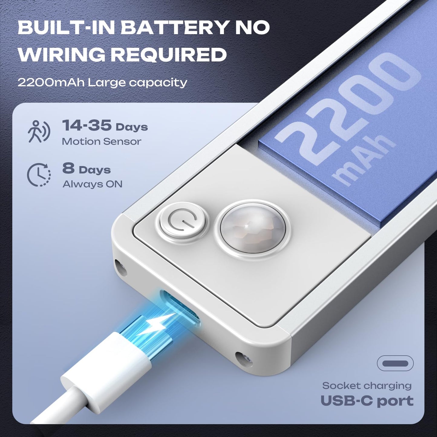 LUMIJOLI 2 Pack Under Cabinet Lighting Wireless 10inch LED Motion Sensor Magnetic Light 2200maAh Rechargeable Indoor Closet Lights for Kitchen, Stairs Cool White