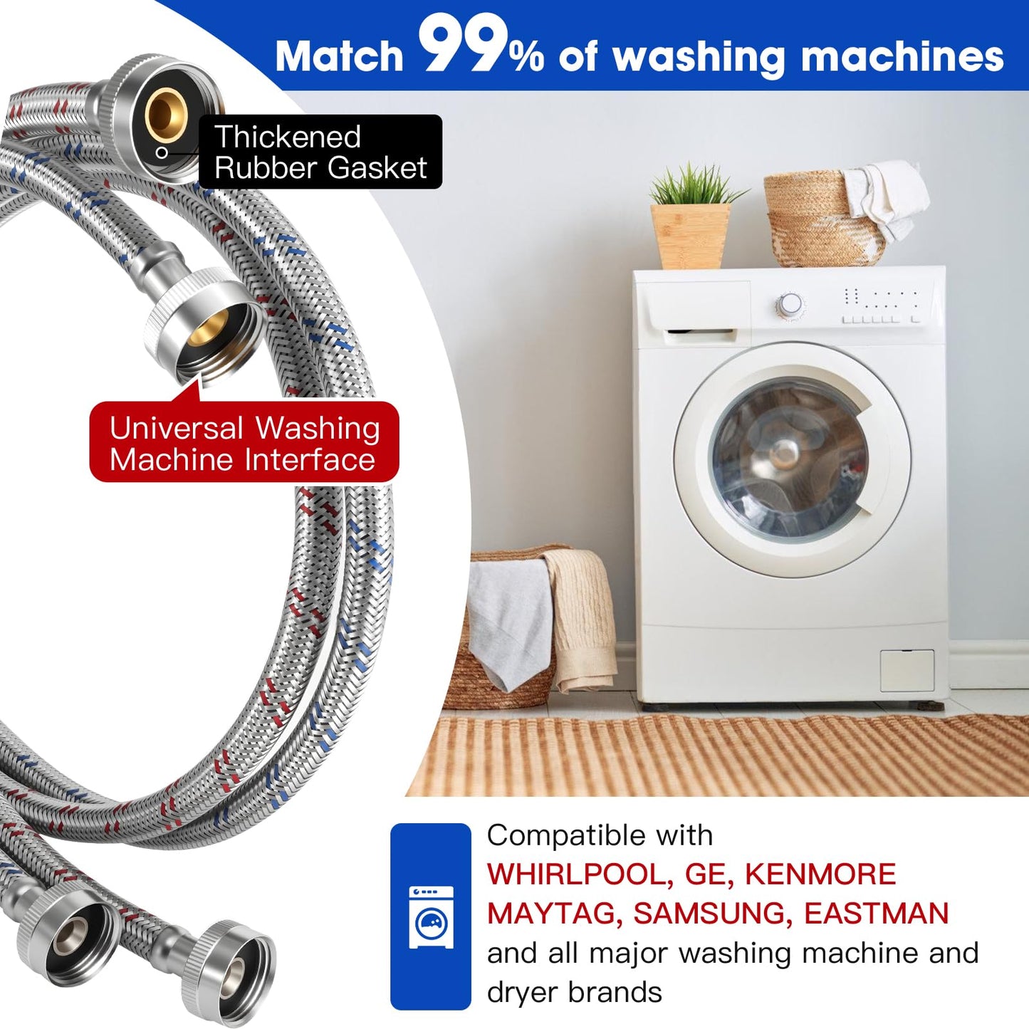 Gecyfit 4 FT Washing Machine Hoses, 2 Pack Premium Stainless Steel Washer Hose, Explosion-Proof Durable Hot & Cold Water Supply Lines, Perfect Fit Washer Connection Hoses for All Washing Machines