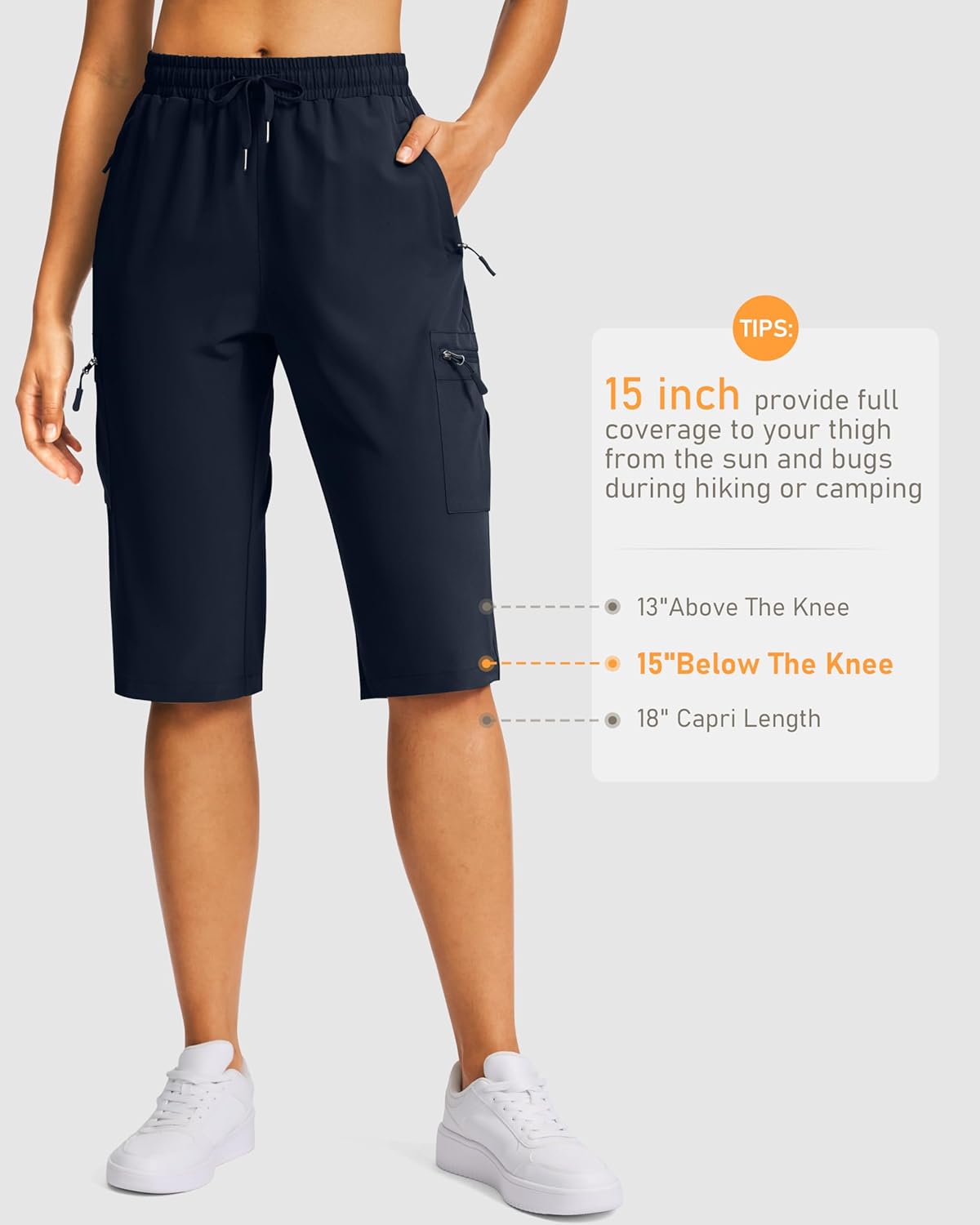 SANTINY Women's 15" Long Cargo Hiking Shorts - Lightweight, Quick-Dry, 5 Zipper Pockets, Knee Length