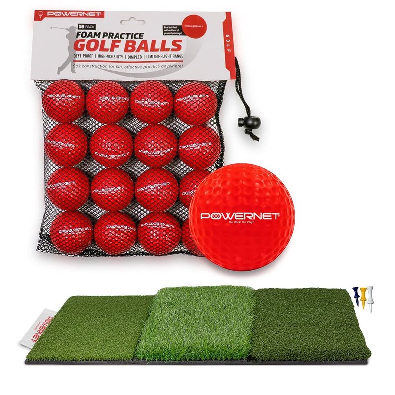 PowerNet Foam Golf Balls & Tri-Turf Mat Bundle, Portable 25" x 16" Hitting Space, Golfing Accessories Training Aid to Improve Swings, 16-Pack Training Balls & Artificial Grass Practice Mat
