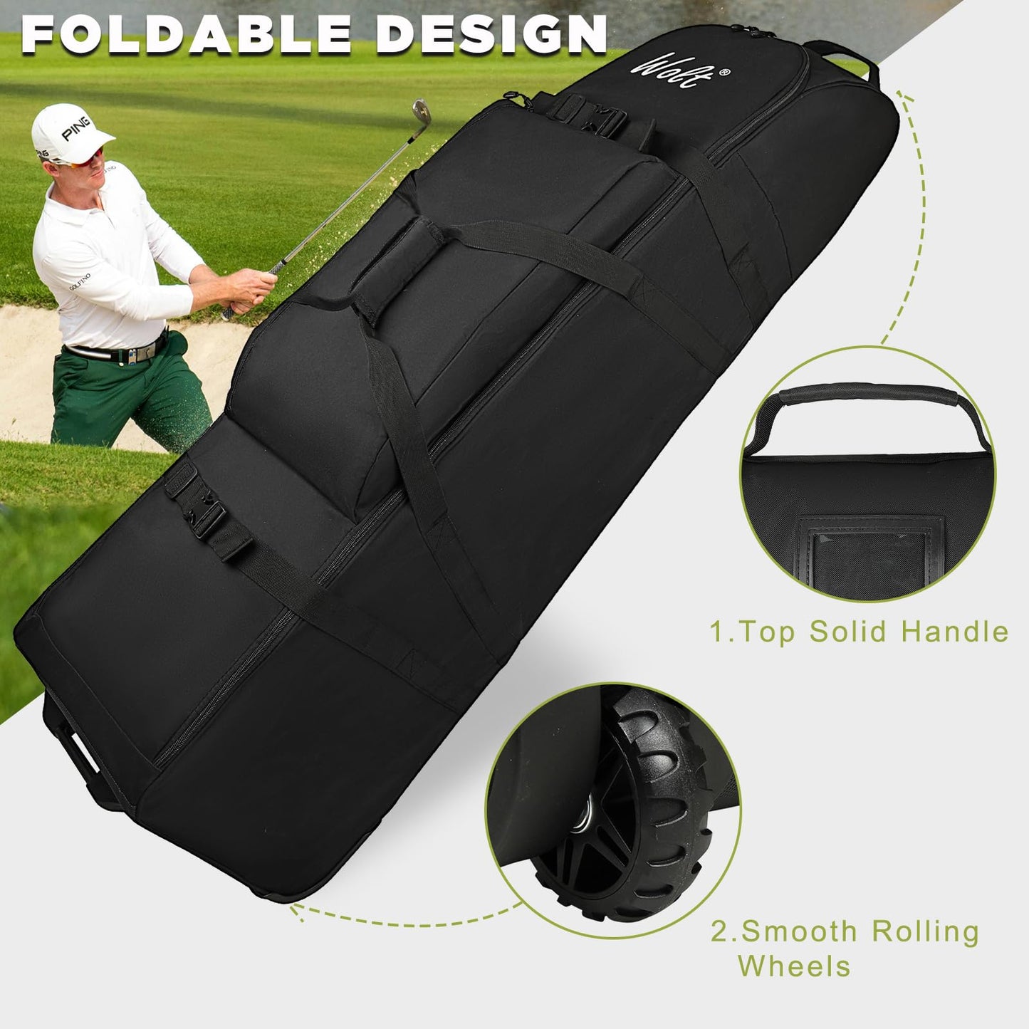 Wolt | Golf Travel Bag with Anti-Impact Support System - Soft Padded Golf Travel Case for Airlines, 900D Heavy Duty Oxford Fabric Golf Travel Cover with Wheels (Black)