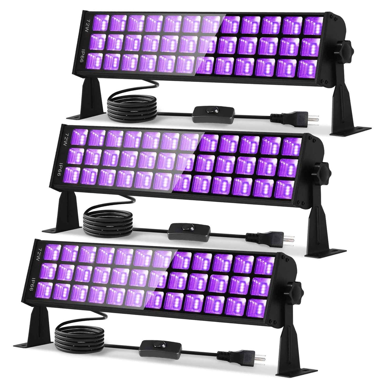 72W Black Light Bar IP66 Waterproof, LED Blacklight with Plug+Switch+5ft Cord, Outdoor Black lights with 108 LEDs, for Neon Glow in the Dark Party Halloween Decor Body Paint Fluorescent Poster, 3 Pack