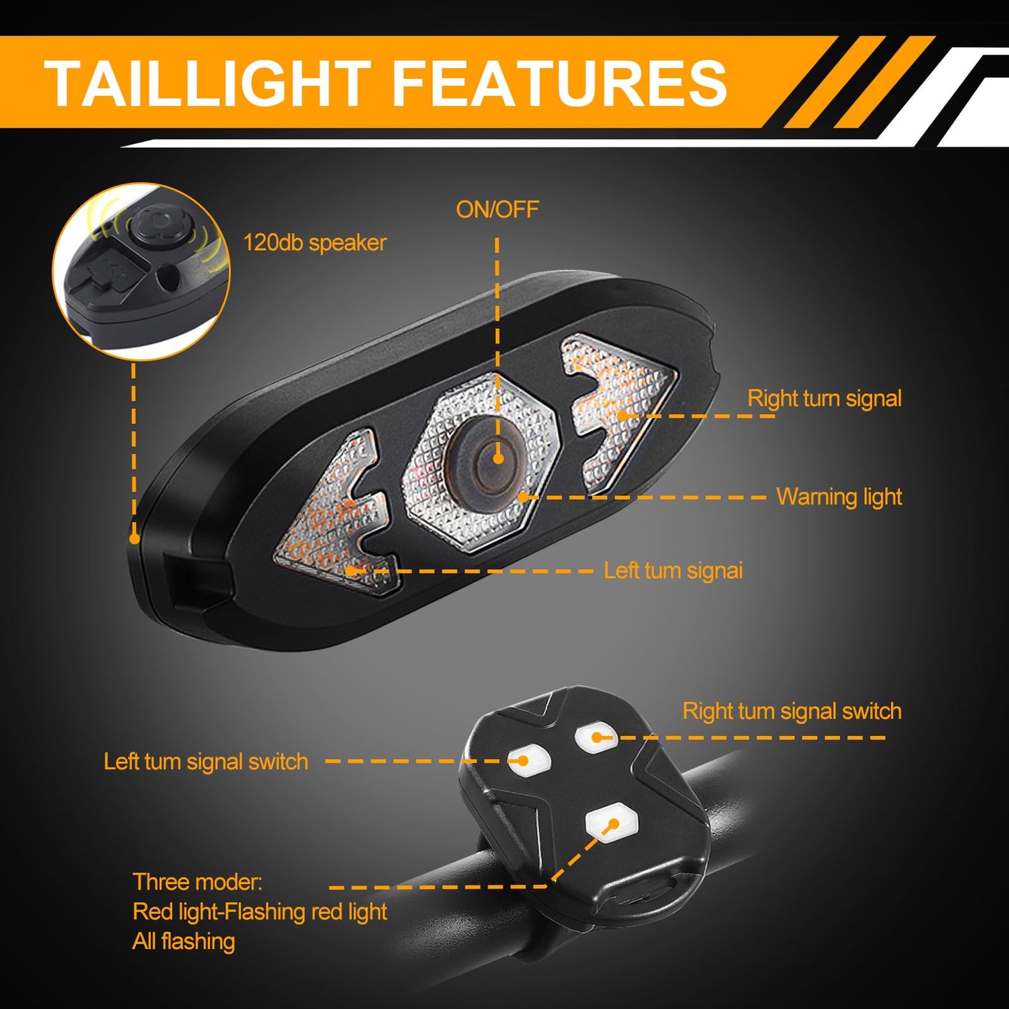 Bike Taillight USB Rechargeable Bicycle Turn Signals with Remote Control Rear Light Waterproof Safety Warning Back Lights Alarm for Night Riding Mountain Bike Accessories (Set B)