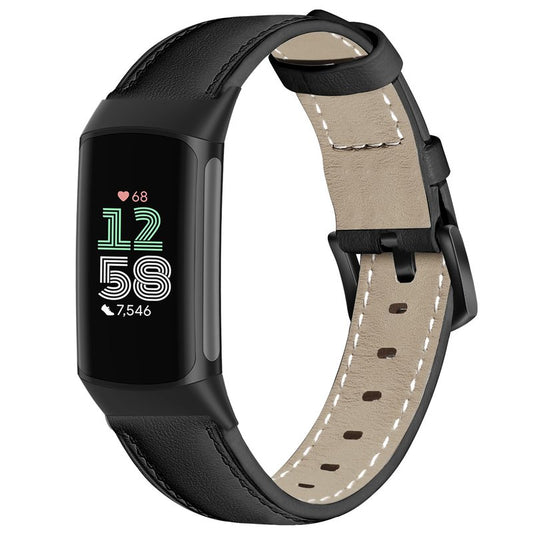 Farluya Leather Watch Bands Compatible with Fitbit Charge 6/Charge 5,Genuine Leather Replacement Straps for Charge 6/Charge 5 Accessories for Women Men.Black