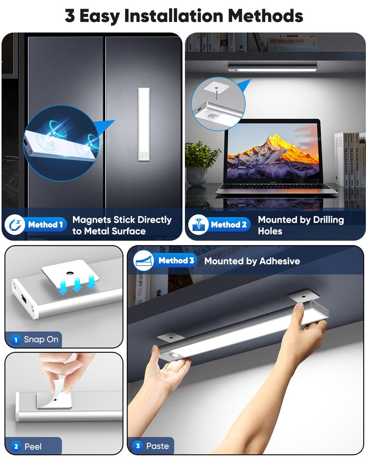 Under Cabinet Lighting, 10 Inch LED Battery Operated Rechargeable Motion Sensor Lights Indoor, 2200mAh Magnetic Wireless Closet Light, 6500K Dimmable Under Counter Lights for Kitchen, Stair, 3 Packs