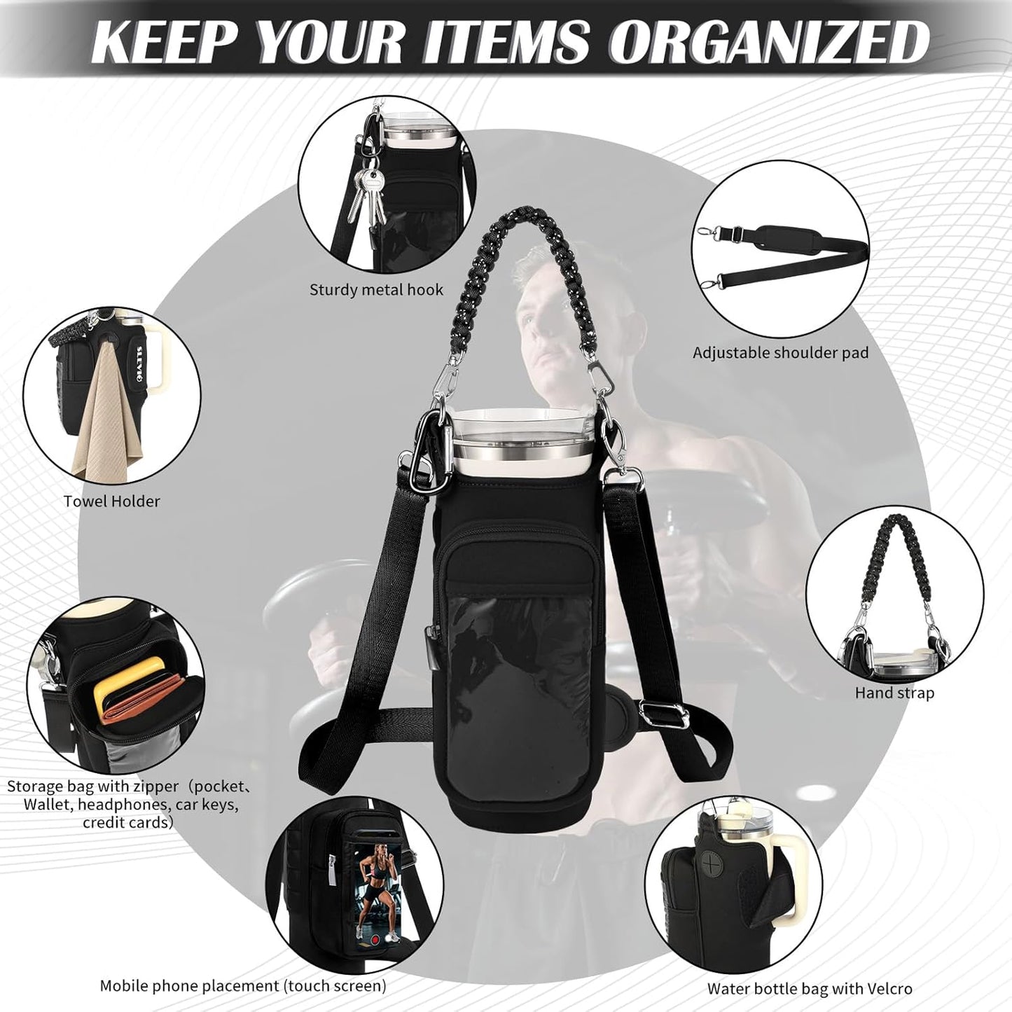 Skiennix Magnetic Gym Bag - Water Bottle Carrier Holder with Strap for Stanley - Compact Accessories Pouch