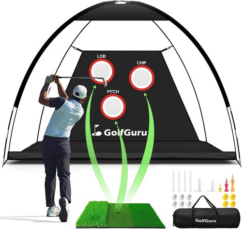 Golfguru Golf Net, 10x7ft All in 1 Practice Net with Pro Chipping Target, Tri-Turf Mat, 10 Balls, 7 Tees, 2 Rubber Tees, Carry Bag, Golf Net for Backyard Driving Chipping
