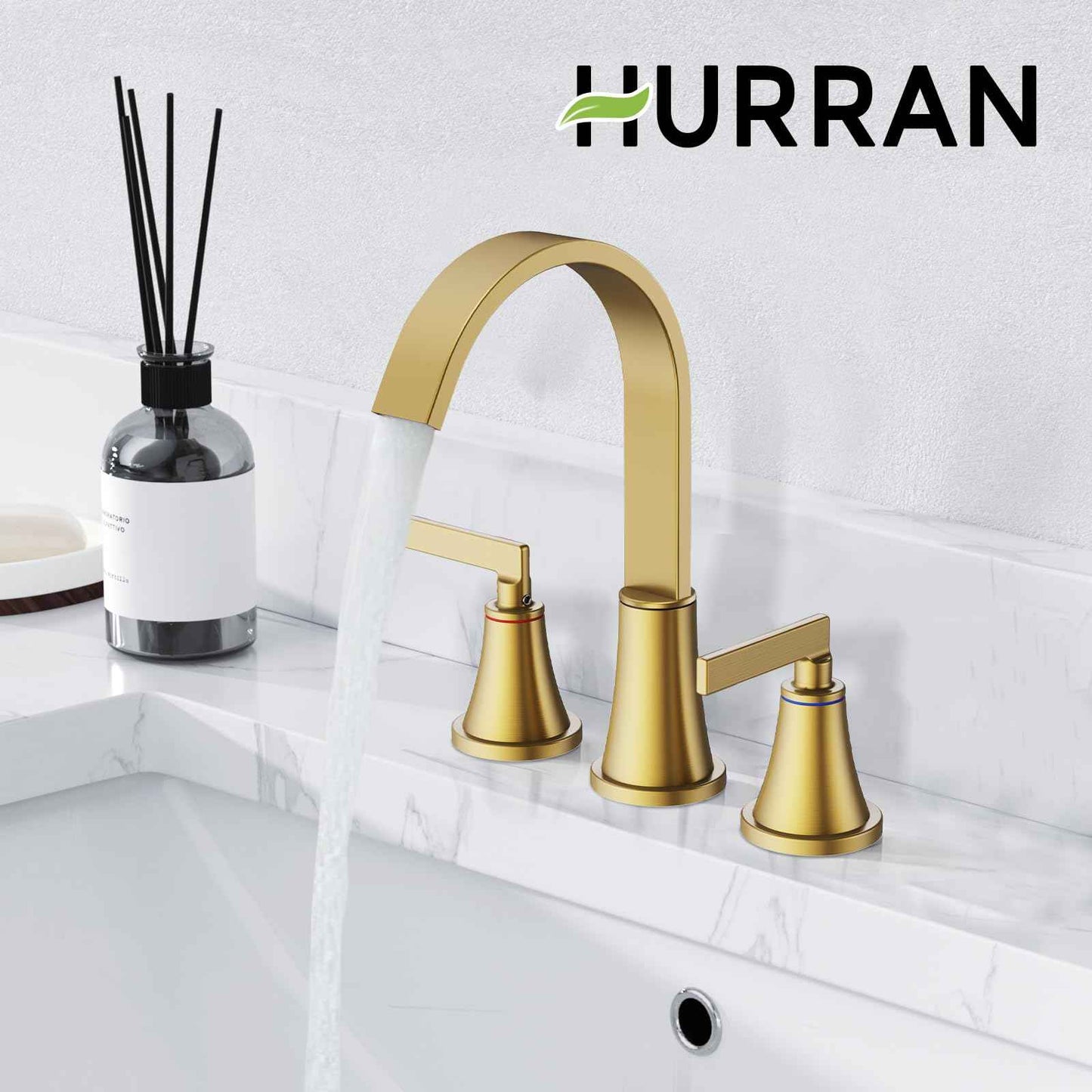 HURRAN 8 Inch Bathroom Sink Faucet, 3 Hole Widespread Bathroom Faucets with Pop Up Drain, Bar Faucet with Cache Aerator, Brushed Gold
