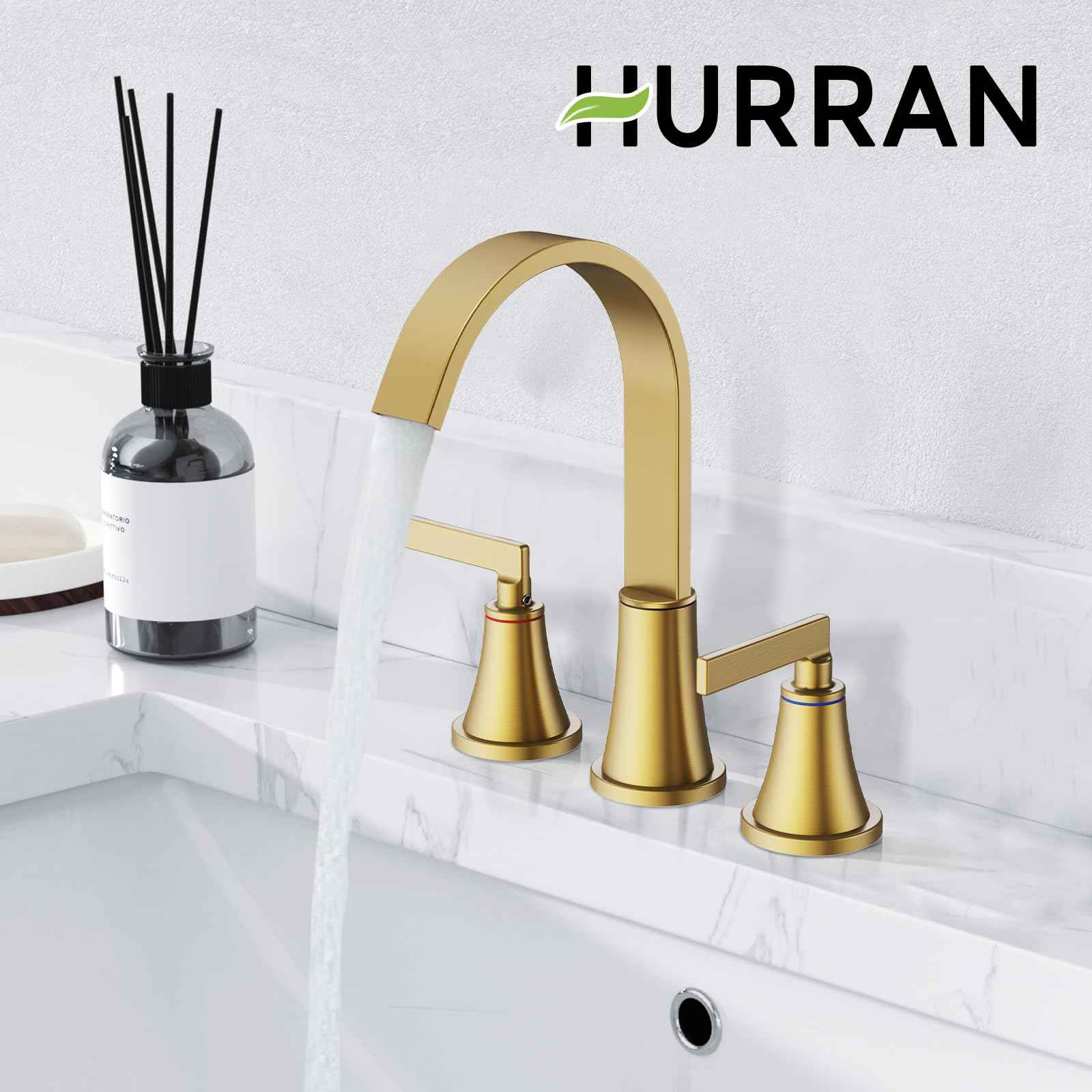 HURRAN 8 Inch Bathroom Sink Faucet, 3 Hole Widespread Bathroom Faucets with Pop Up Drain, Bar Faucet with Cache Aerator, Brushed Gold