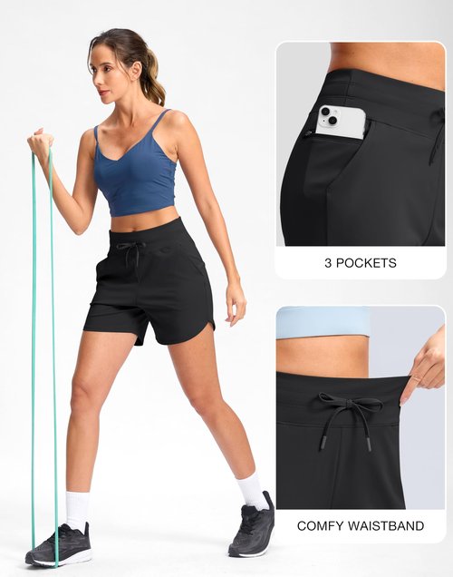 G Gradual Women's 5" Athletic Running Shorts with Zip Pockets Stretchy Quick Dry High Waisted for Workout Gym Hiking (Black, L)