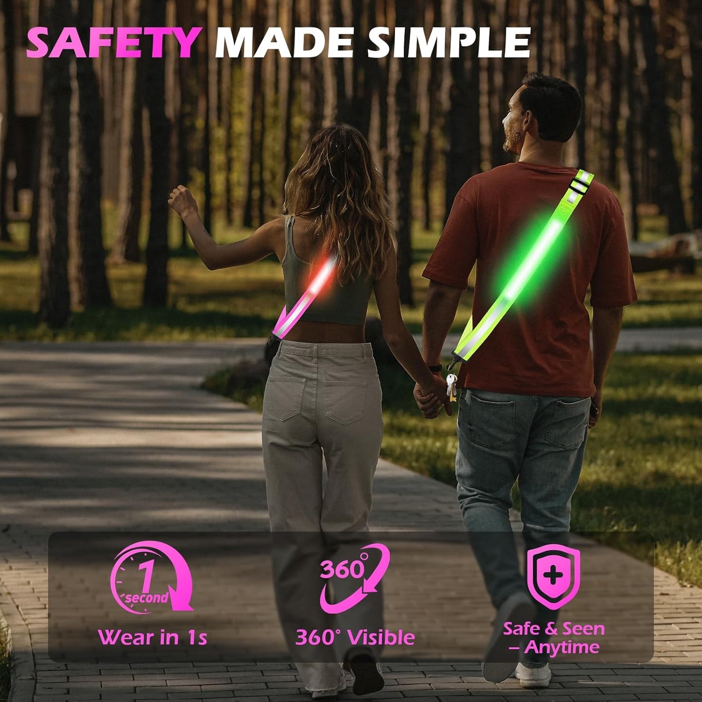 Rechargeable LED Reflective Belt Sash - High Visibility Safety Gear with 11 Light Modes | Adjustable for Night Dog Walking, Running & Biking