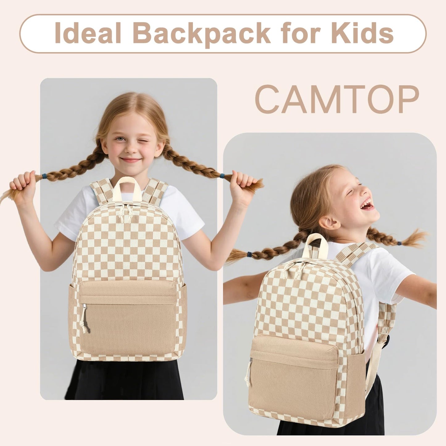 CAMTOP Backpack for Teen Girls Corduroy Bookbags Elementary Middle High School School Bag Lightweight Women Travel Casual Daypacks (Brown White Grid)