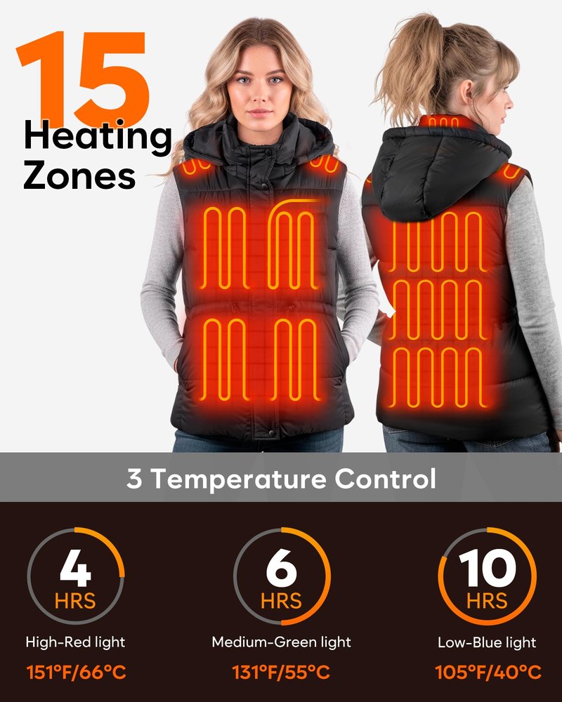 OCQOCQ Heated Vest for Women with 16000mAh Light Weight 15 Heating Zone Electric Heating Vest