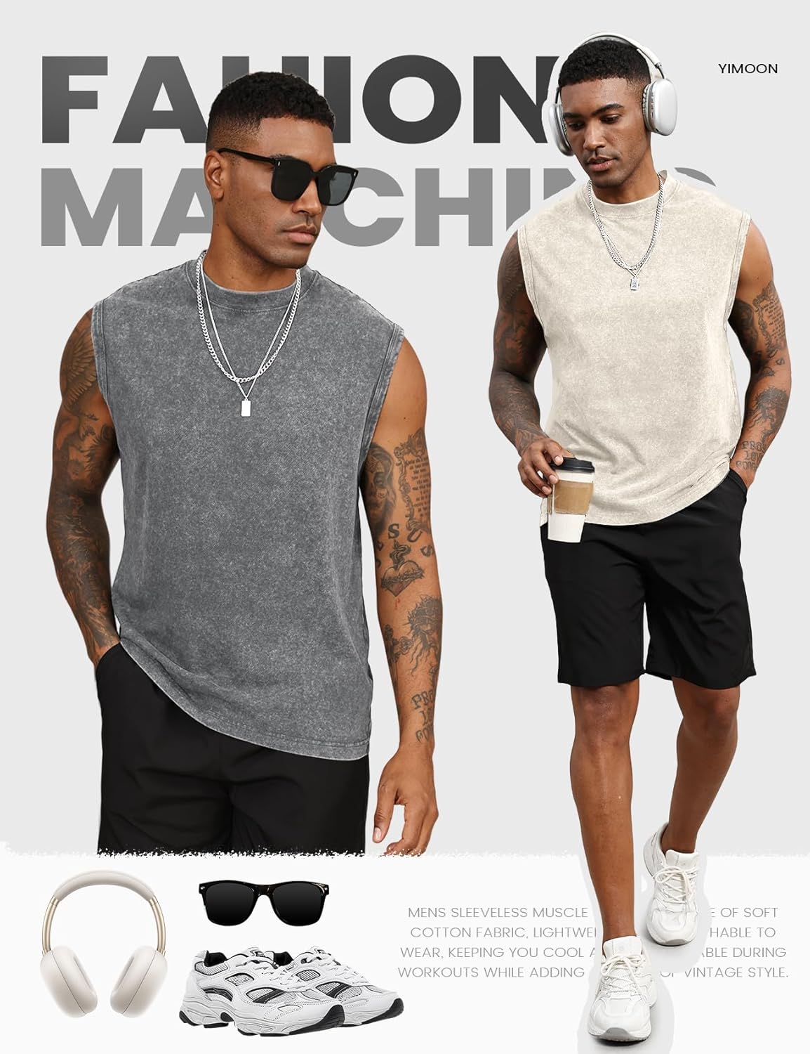 Yimoon Men's Tank Tops - Sleeveless Workout Shirts in Acid Wash Cotton | Loose Fit Gym Tees