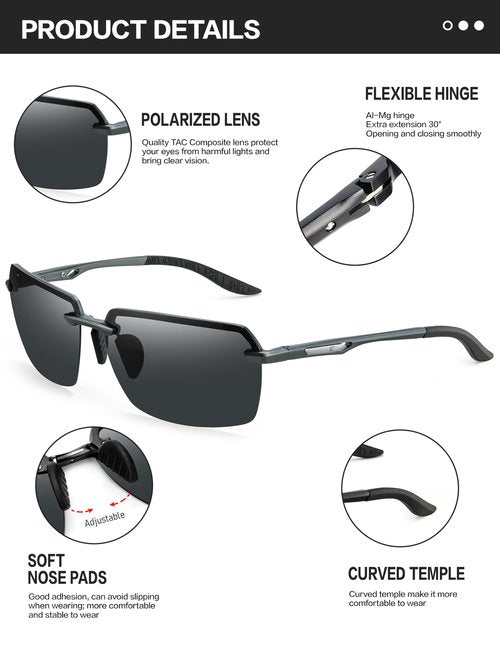 BIRCEN Mens Polarized Sunglasses for Driving: Rimless UV Protection Sun Glasses with Al-Mg Frame for Traveling Fishing