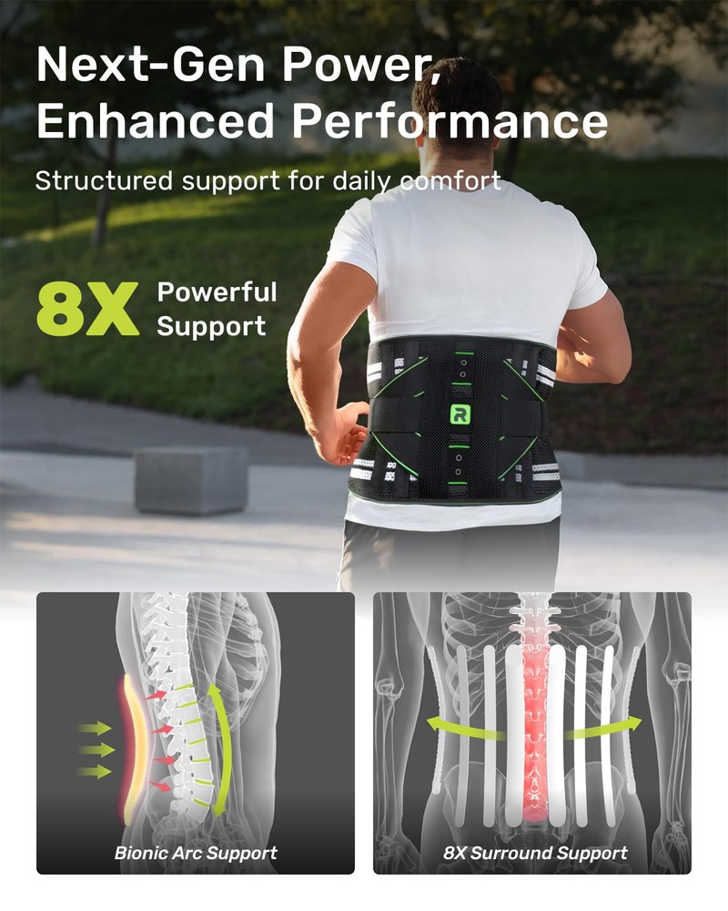 Rakiie Back Brace for Lower Back Pain Relief, 8 Stays Powerful Lumbar Support for Men Women, Back Support Belt with 3D Pad, Breathable Back Support Brace with Adjustable Strap for Herniated Disc, Sciatica, Green Size M