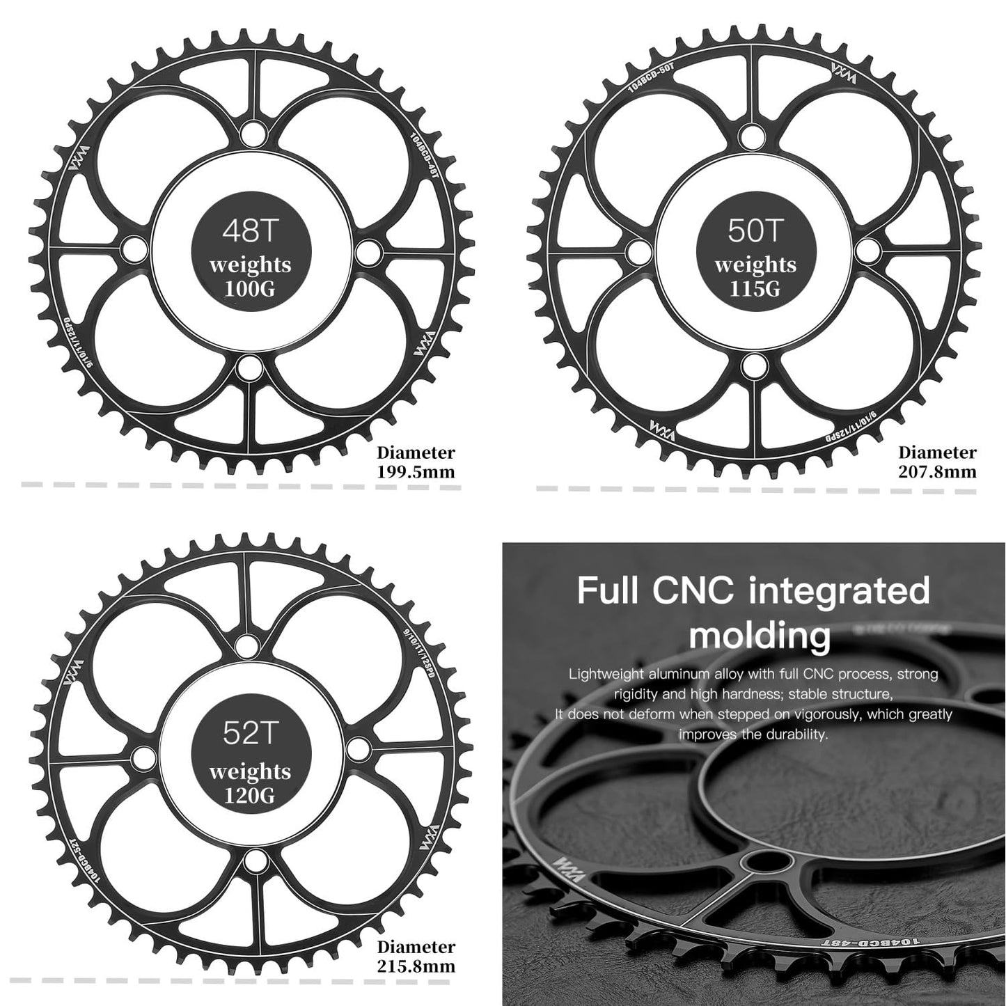 YBEKI 104BCD Chainring - CNC 7075-T6 Aluminum Narrow-Wide Round Chainwheel for MTB/Road Bikes (32-52T) | Compatible with Shimano/SRAM 8-11 Speed | Ultra-Light | Anti-Drop Design (Black, 48T)