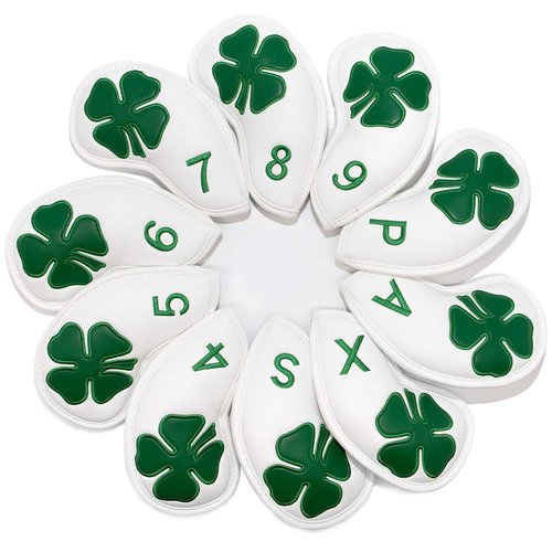 Golf Iron Covers,Golf Iron Head Covers Leather Golf Iron Covers Set 10pcs Golf Iron Headcovers,Lucky Clover Golf Club Head Covers for Iron with Magic Tape Fit All Brands Titleist,Callaway,Ping (White)