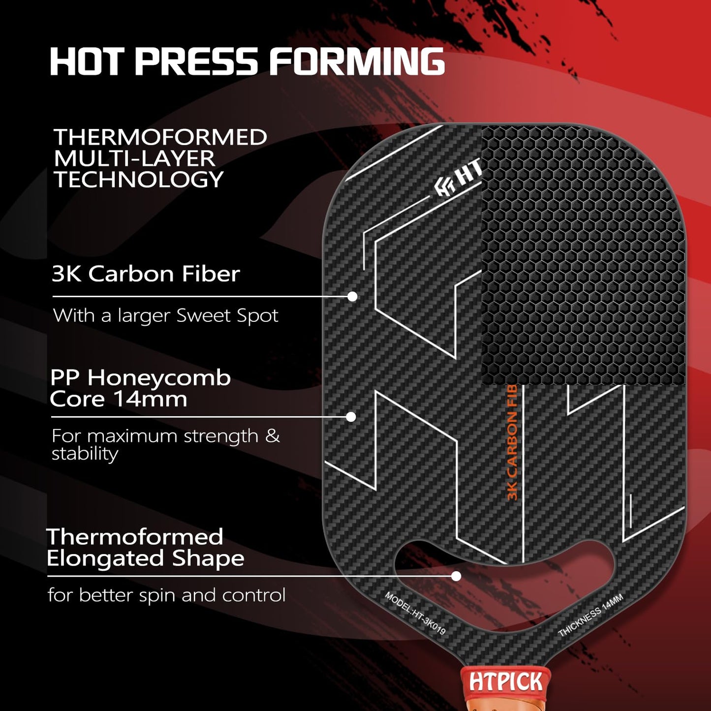 Pickleball Paddles, 3K Raw Carbon Fiber Pickleball Paddle with 14mm Thickness PP Honeycomb Core and Aero Throat, Designed for Unmatched Control and Added Power
