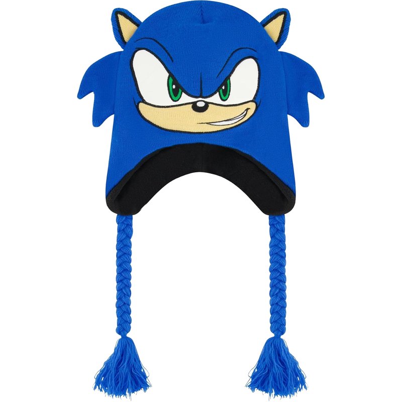 Sonic The Hedgehog Winter Peruvian Knit Beanie, Cuffed Winter Knit Cap, Large Sonic Face with 3D Ears, Blue, One Size