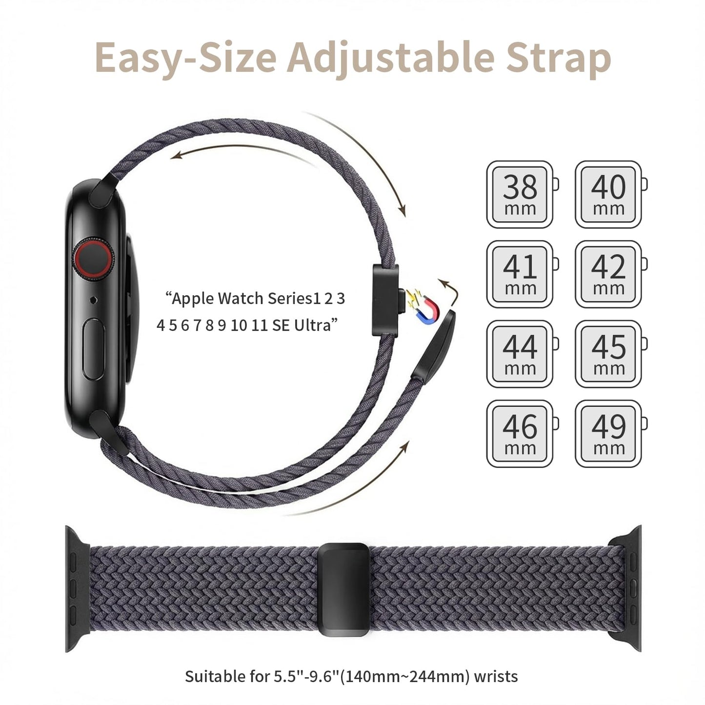 cidogim 22mm Braided Nylon Watch Band for Men and Women, Quick Release, Black Stainless Steel