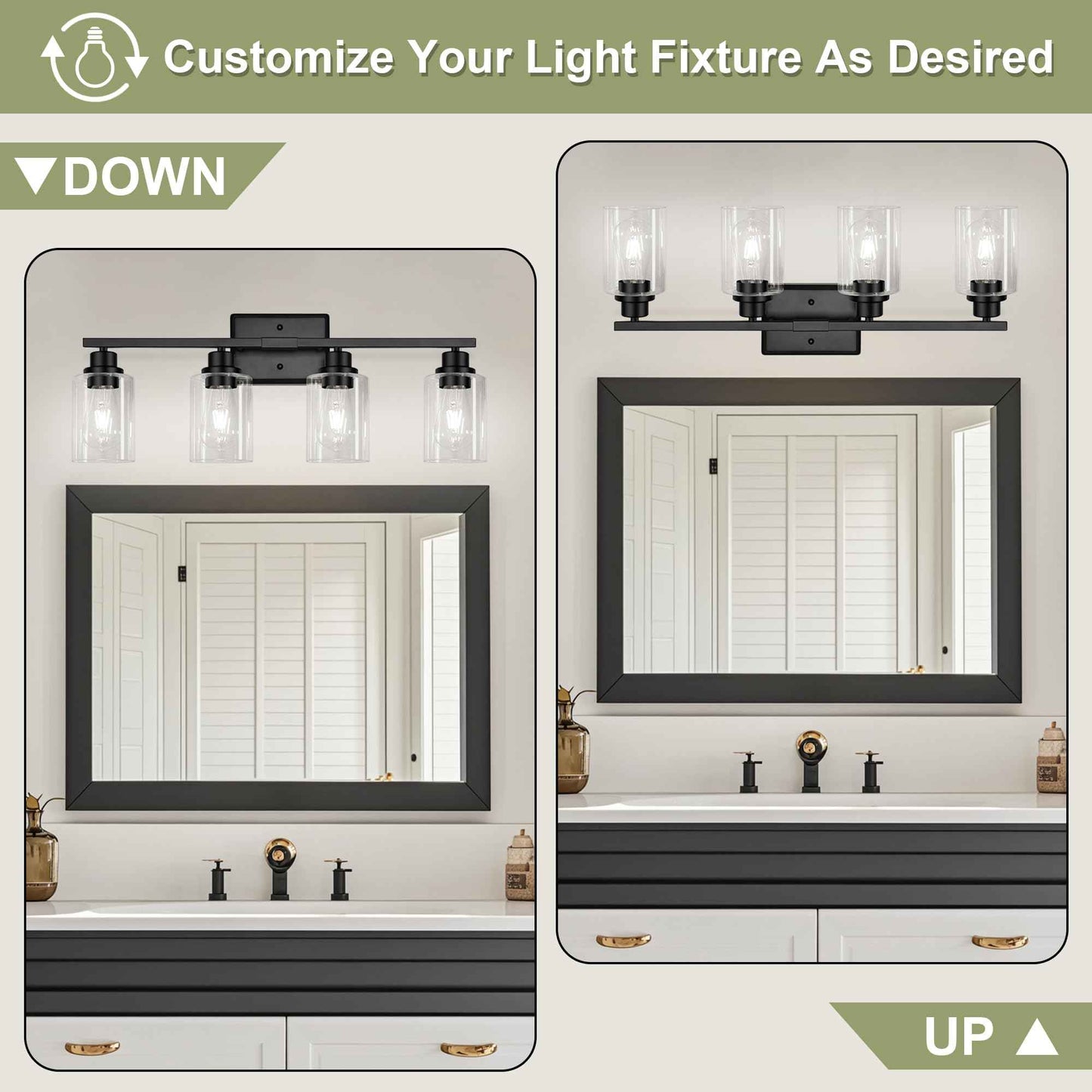 Unicozin Modern Bathroom Light Fixtures, 4 Light Vanity Lights Over Mirror, Black Wall Lamp with Clear Glass for Living Room Cabinet Bedroom Porch