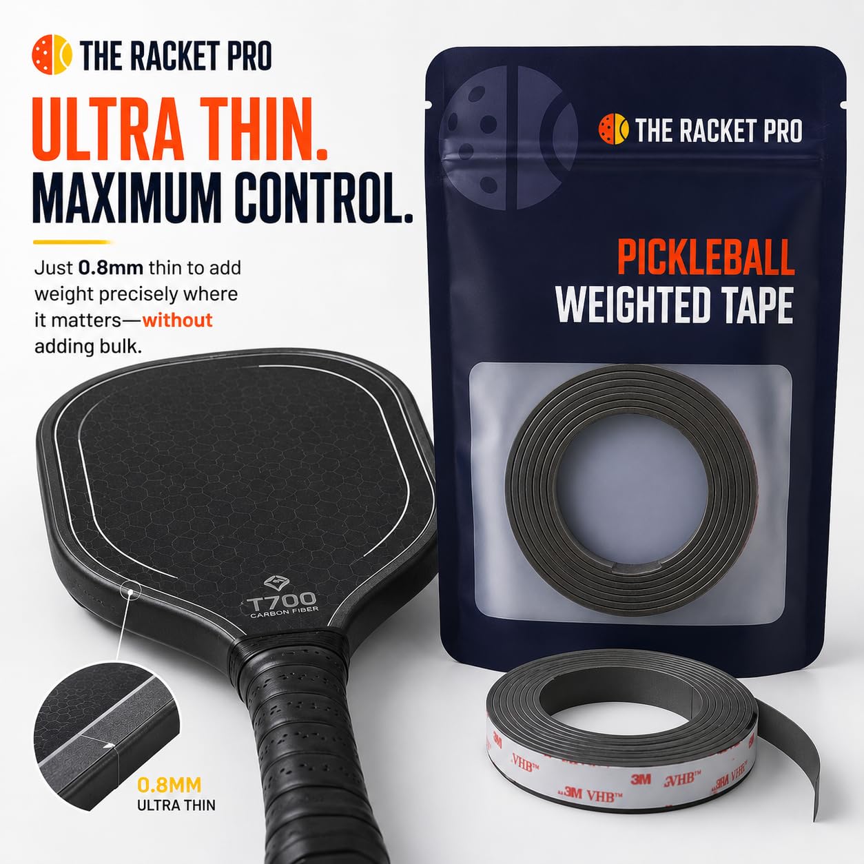 The Racket Pro Weighted Tungsten Tape for Pickleball Paddles | Ultra Thin 1 Gram Per Inch | Twice as Much Tape as Tape Strips