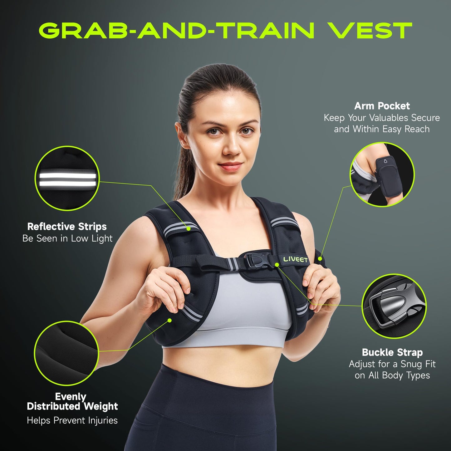 Liveet Weighted Vest, Weighted Vest for Women Men, 5lb Weight Vest with Pocket Reflective Strips Adjustable Buckle Straps SGS Certified Weight Vest for Walking Running Strength Training Cardio Workout