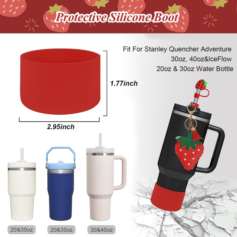 VirgoCCY 7PCS Strawberry Stanley Cup Accessories, Water Bottle Handle Strap for Stanley 30/40 oz, Including Straw Toppers, Silicone Cup Boot, Keychain Charms, Cup Decoration for Women Girls, Red