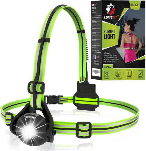 LUMEFIT Running Lights - Adjustable LED Chest Light for Night Safety | Yellow Reflective Vest Included