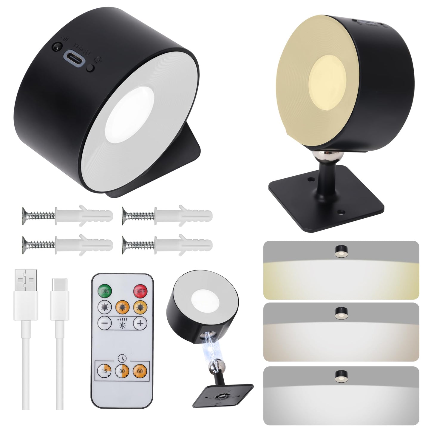 Rihvy Rechargeable Wall Lights for Bedroom with Remote, 3000mAh Wireless Battery Operated Wall Sconce 3 Color Temperatures, Dimmable Magnetic 360°Rotation Picture Lights for Wall Reading Bedside(2pcs)