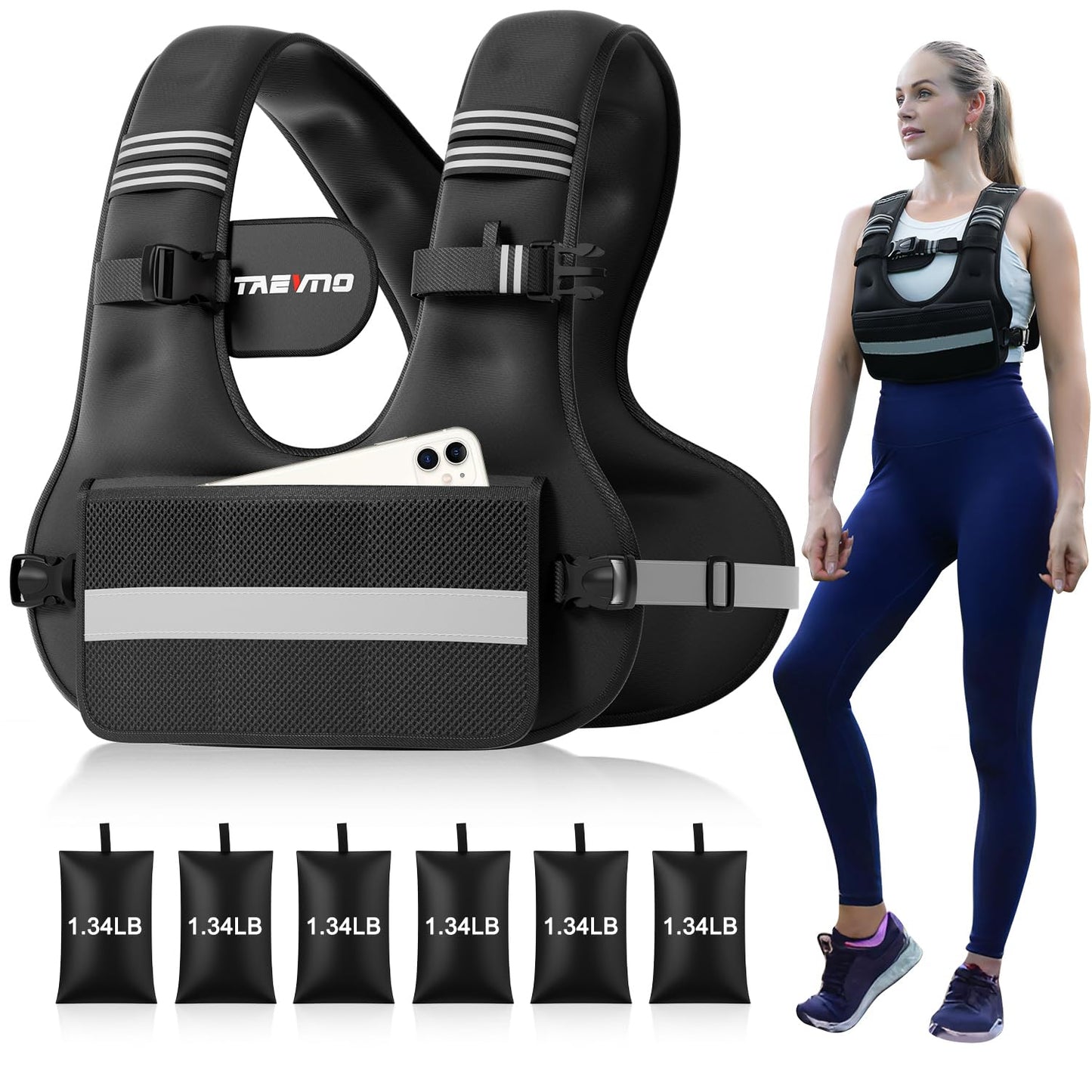 TAEVNO Adjustable Weighted Vest for Women Men,12-20lb Comfort Fit - U-Shaped Ergonomic Weight Vest with 6 Removable Iron Sandbags, Large Front Mesh Pocket & Reflective Strips, Ideal for Running, Walking, Strength Training, HIIT, Cardio Workouts (Black)
