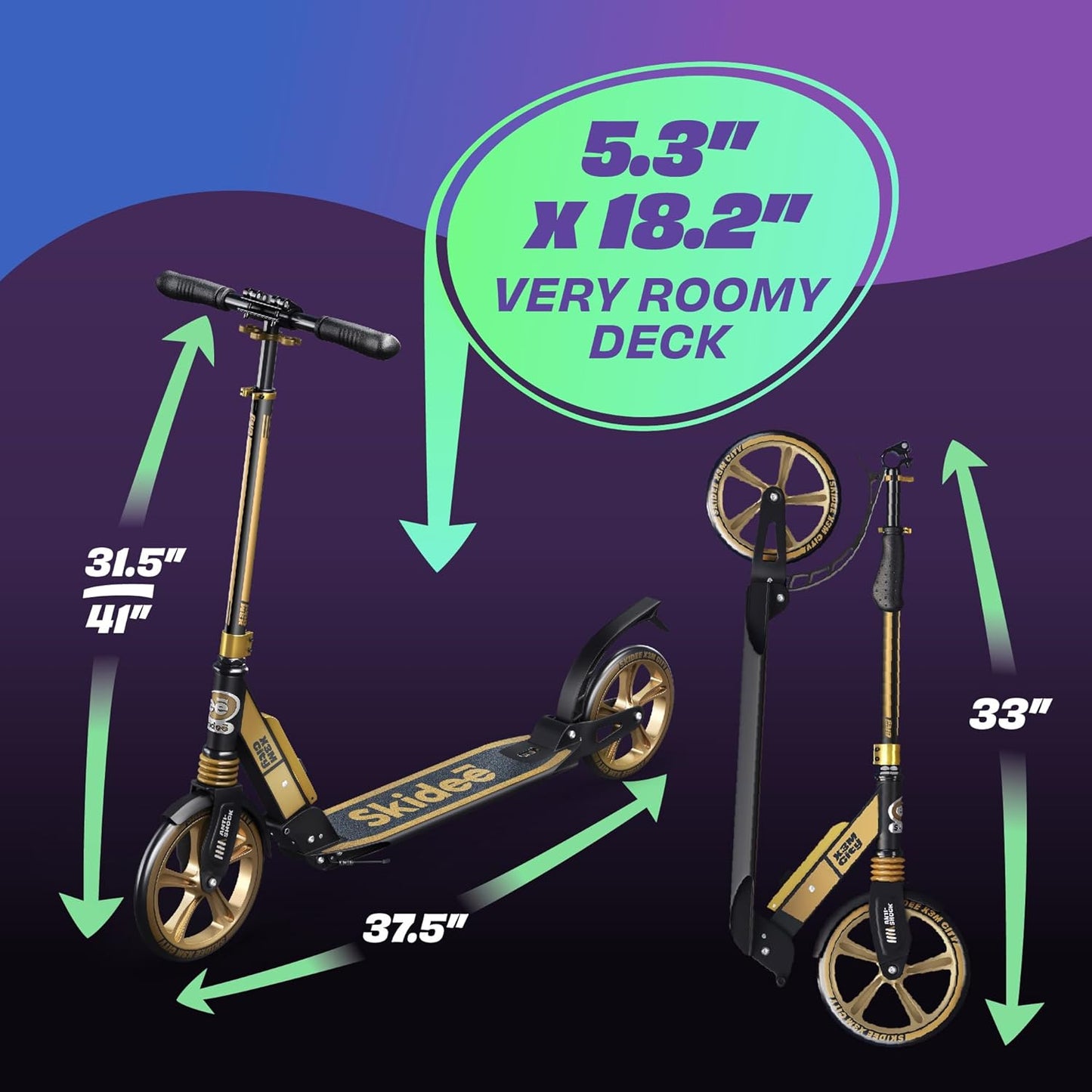Skidee Adult & Teen Scooter - Adjustable Height, Lightweight & Durable with Large Wheels | Anti-Shock Suspension, 220 lbs Capacity