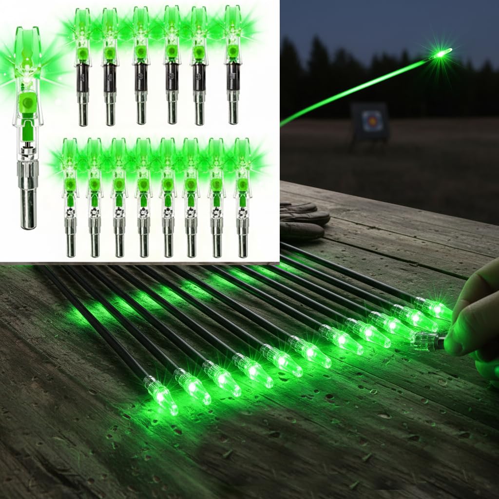 NoxDyn 12-Pack Green LED Lighted Nocks - Auto-Illuminated, High Visibility, Universal Fit .204 .233 .244 .246 ID X/H/S/GT Bushings