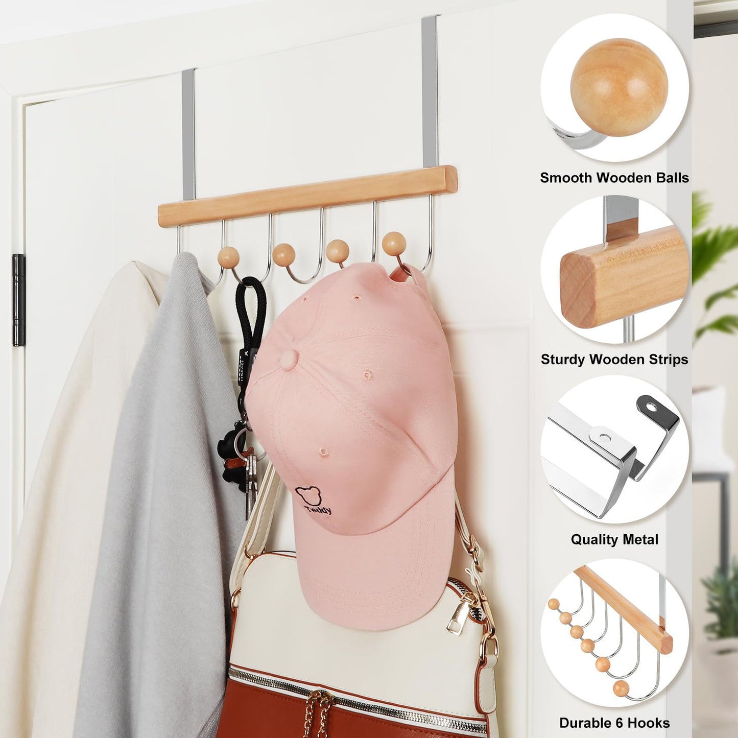 TOPIA HANGER Over The Door Hooks for Hanging, Towel Hooks Towel Racks for Bathroom, Coat Hooks Coat Rack Over The Door Organizer Hanging, Wooden Door Hangers for Coat Towel Hat Purse CT71N