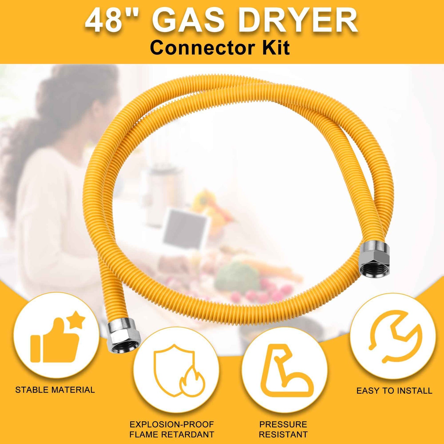 48" Flexible Gas Line Hose - Compatible with Dryer, Stove, Range & Water Heater | Stainless Steel Gas Range Connector Kit | 5/8" OD Line(1/2" ID) with 1/2" FIP & 1/2" MIP Fittings by TOMOON