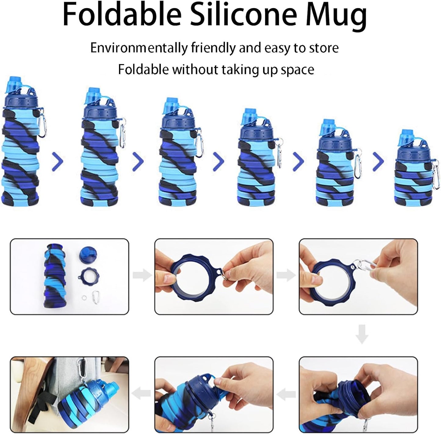 Skiennix Collapsible Water Bottle - Portable & Reusable 500ml Silicone Design with Mountaineering Buckle