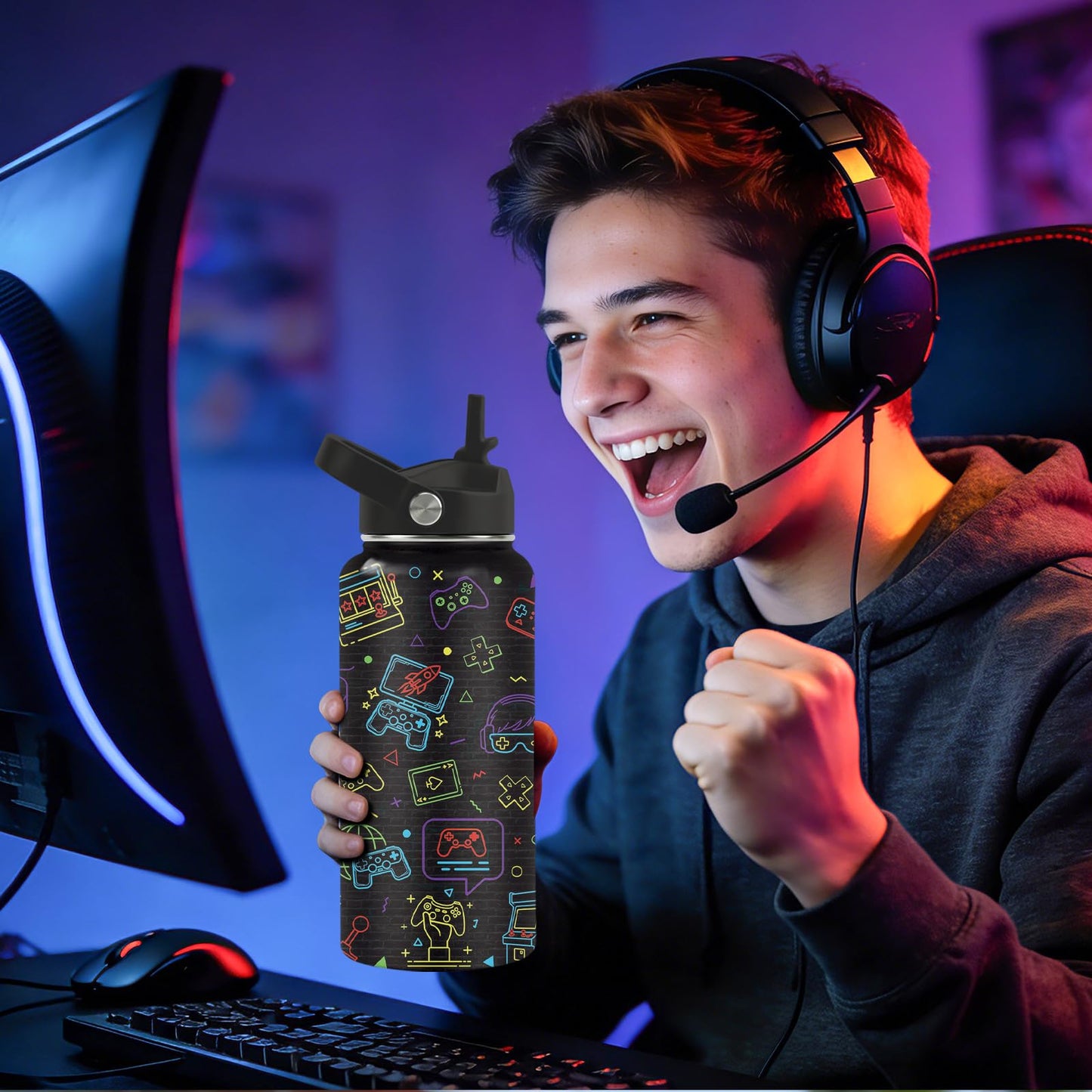 CGMIBAS Gamer Water Bottle 32oz - Insulated Stainless Steel with Straw, Leak Proof Lid - Ideal Gaming Gifts for Kids Boys Teens - BPA-Free Sports Bottle for School, Travel & Gaming